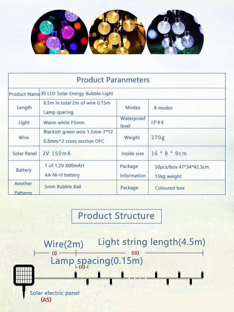 30 LEDs водонепроницаемый светильник с пузырьками и солнечной энергией гирлянда