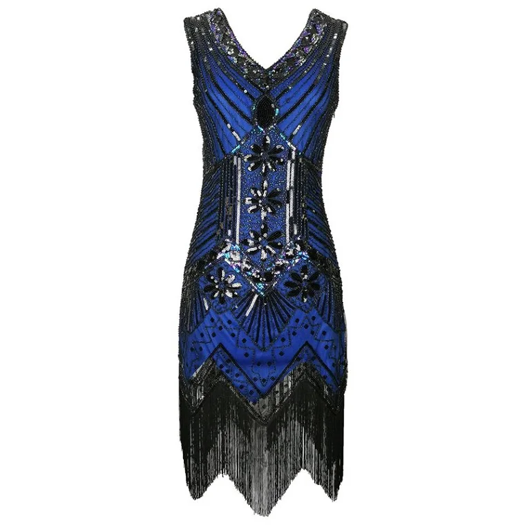black plus blue Женское винтажное платье в стиле Грейт Гэтсби 1920 года, платье с блестками в стиле арт-деко, платье с двойным v-образным вырезом и кисточками, облегающее платье для вечеринки с бисером - Цвет: black plus blue