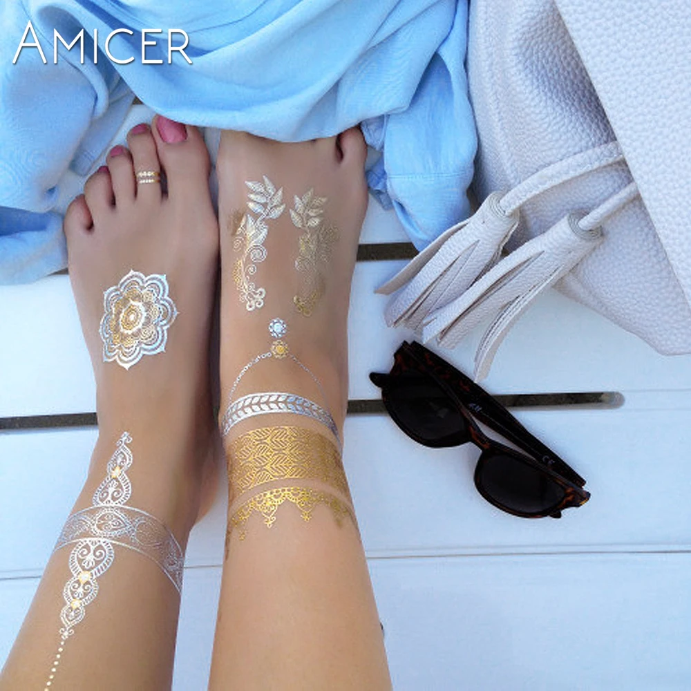 

Gold Choker Temporary Tattoo Body Art Sleeve Arm Flash Stickers, 21*15cm Waterproof Henna Fake Tatoo Beauty Selfie