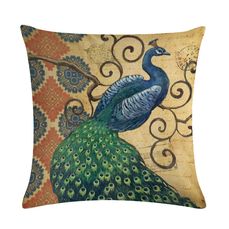 Подушка с павлином чехол льняная наволочка для дивана 45x45 см домашний декор