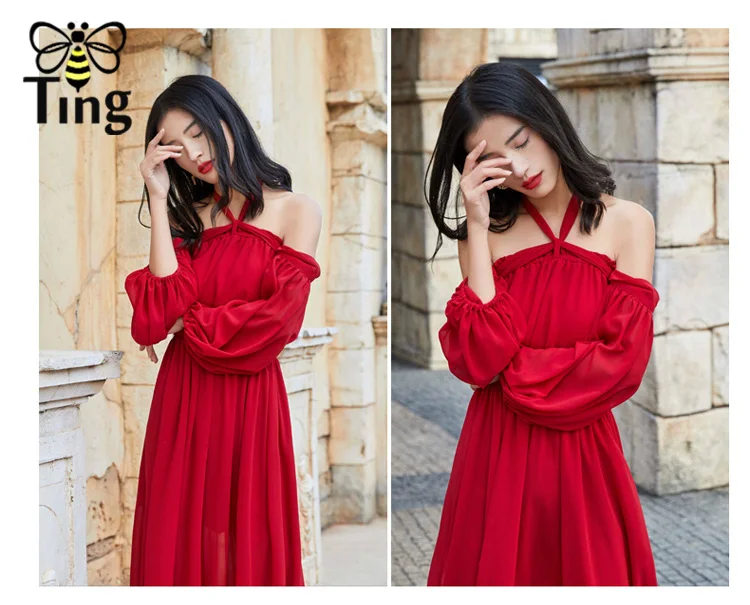 Женское пляжное платье макси Tingfly длинное шифоновое с бантом открытыми плечами и