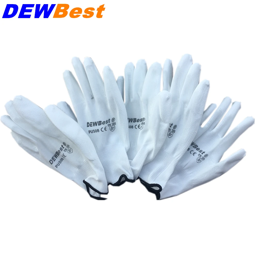 DEWBest Новое поступление 12 пар Черные Нейлоновые ПУ защитные рабочие перчатки строительные рукавицы с захватом для пальмового покрытия и покрытием перчатки для пальцев