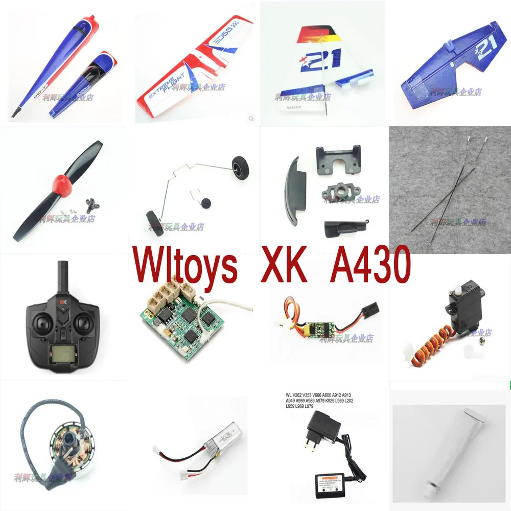 

Шасси для самолета Wltoys XK A430, части главного мотора лезвий, ESC, Корпус Корпуса, клей для крыла, сервоприемник, приемник, пульт дистанционного у...