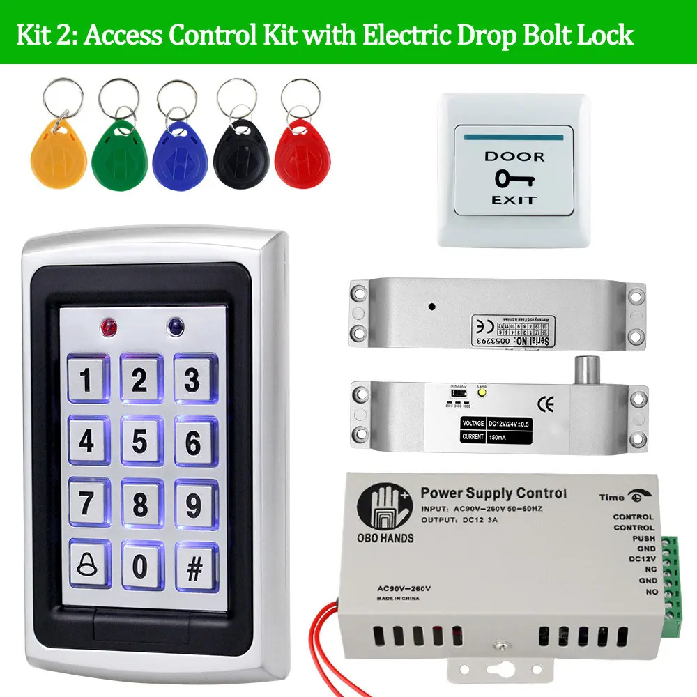 Kit2 OBO система контроля допуска к двери комплект RFID Клавиатура водонепроницаемый чехол+ Elctric Дверные замки+ DC12V источник питания дверной Открыватель для дома - Цвет: Kit2