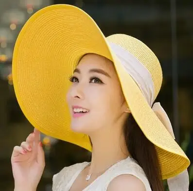 yellow Bingyuanhaoxuan Солнцезащитная шляпа леди лето широкий наряду лук козырек Защита от солнца пляжная соломенная шляпа Mujer Кепки конфеты Цветной Шляпы широкополые для женщин для для женщин - Цвет: yellow