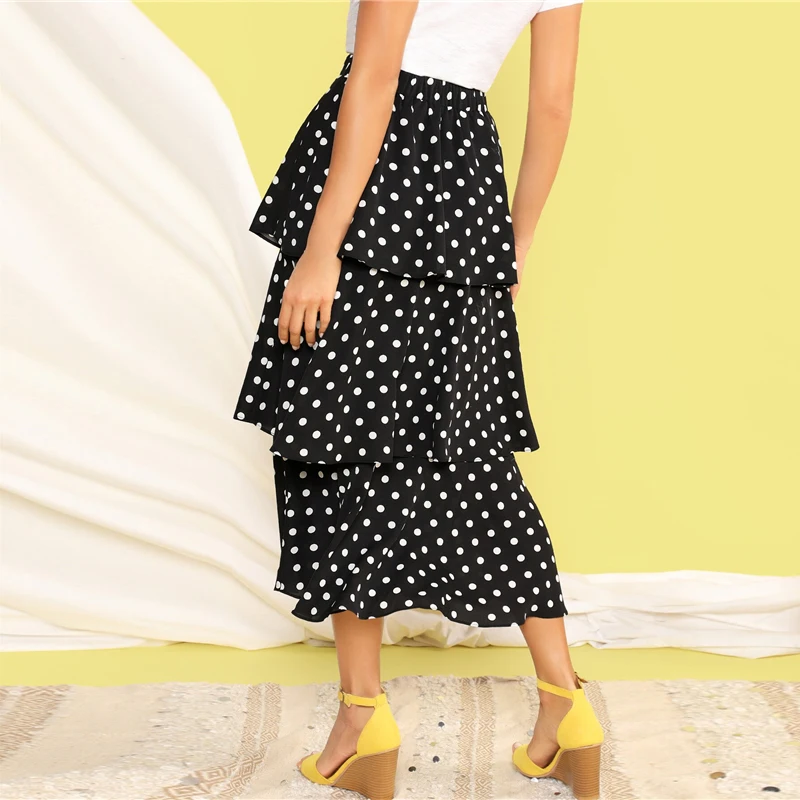 SHEIN Юбка С Оборкой В Горошек Женская Черная Демисезонная Юбка, Повседневная Длинная Юбка