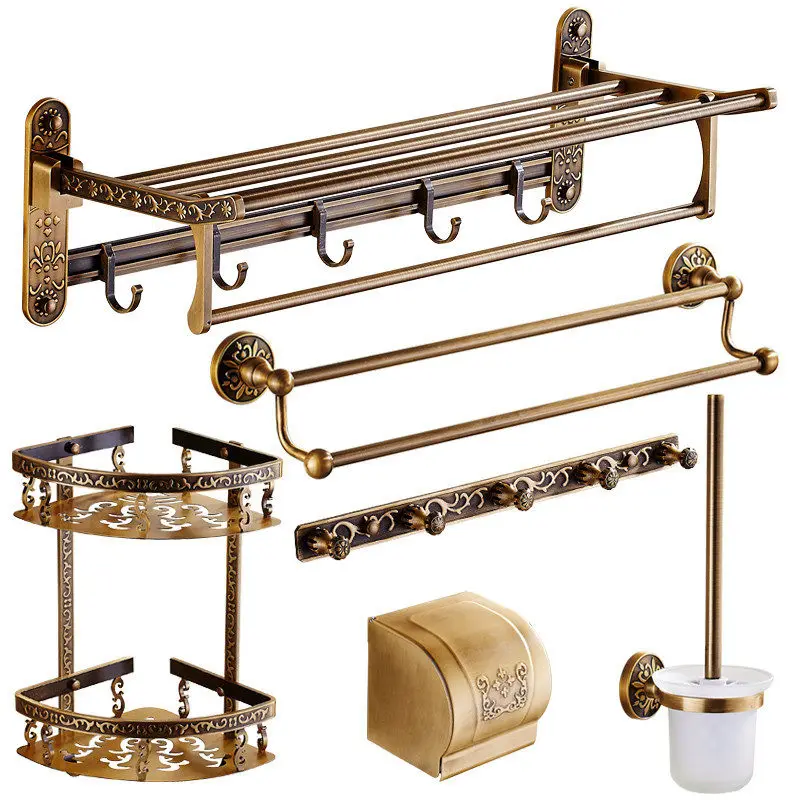 

Bathroom Accessories Set Towel Rack Corner Shelf Tissue Holder Toilet Brush Holder Bathroom Hardware Set Antique Carved Aluminum