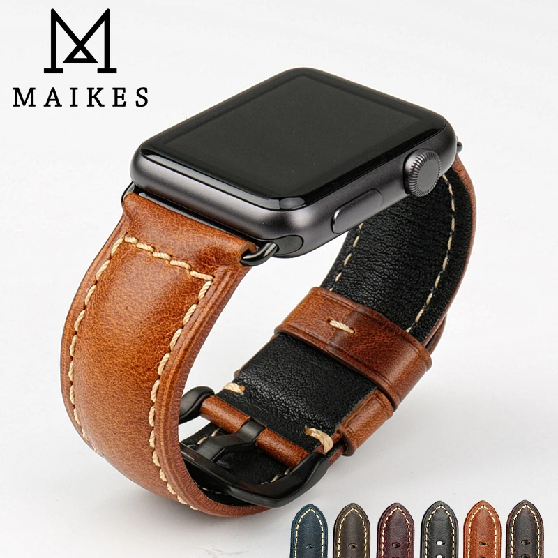 MAIKES Vintage Genuine Leather Band For Apple Watch 45mm 41mm 44mm 40mm 42mm 38mm Series 7 6 6