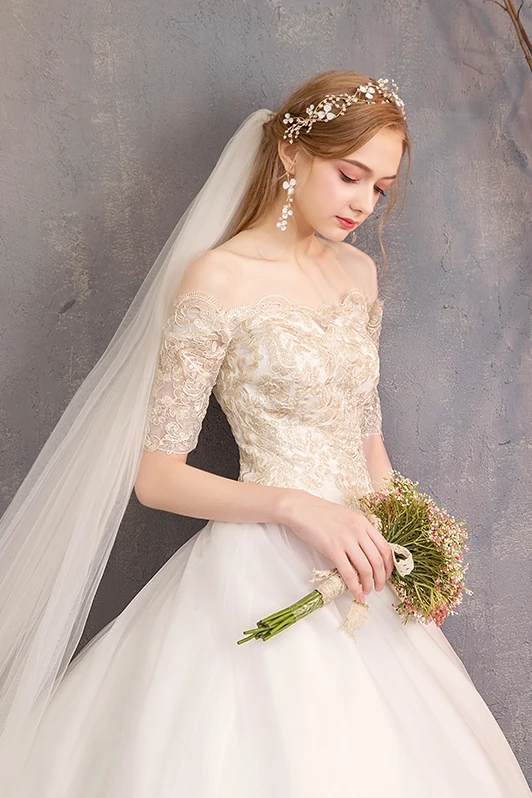 ILoveWedding 2019 новый стиль с открытыми плечами Золотая Кружевная аппликация на заказ