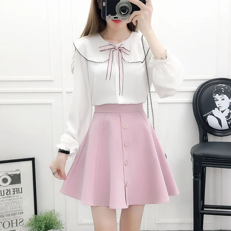 

Mori Girl Japanese Cute Chic Suit Temperament Fresh Literary Sweet Lady Chiffon Shirt + Pettiskirt Two-piece