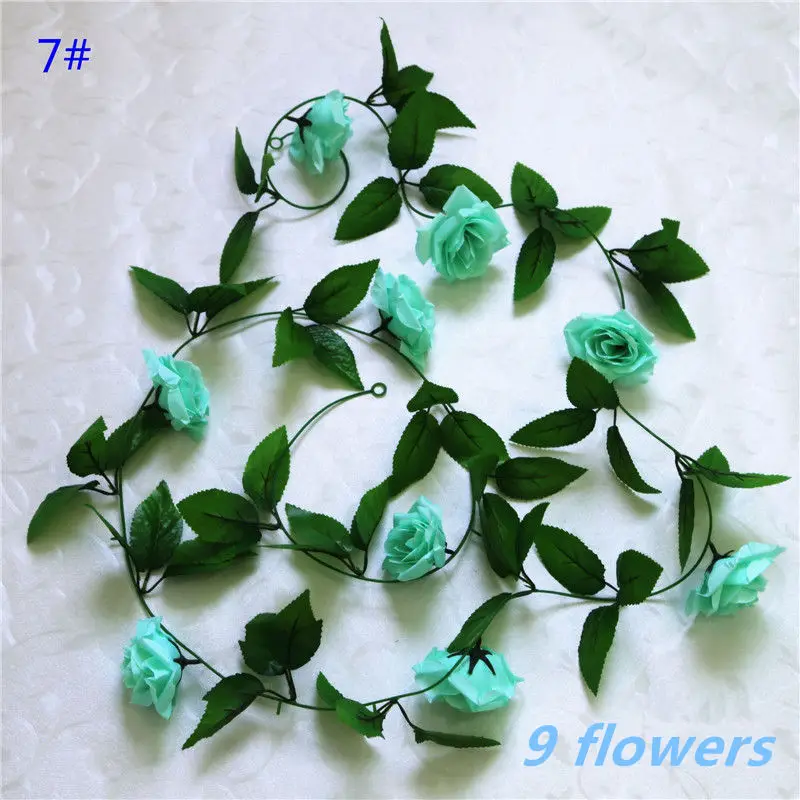 7Tiffany Blue9flower 1pcs/lot 230-250cm Artificial Flowers Silk Roses Ivy Vine diy with Green Leaves Fake leaf artificial flowers for home decoration - Цвет: 7Tiffany Blue9flower