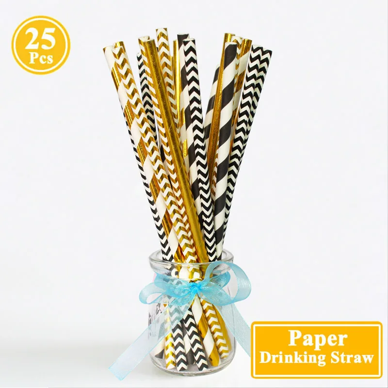 gold black 25 шт. бумажные соломинки для питья, свадебные девичники, вечерние украшения для стола, на день рождения, для детей, для мальчиков и девочек, для вечеринки в честь рождения, для взрослых - Цвет: gold black