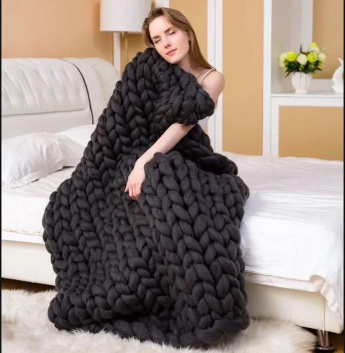 black Мягкое плотное трикотажное одеяло из гигантской пряжи, одеяло для фотосессии ручной работы, одеяло s, вязаное крючком, льняное мягкое вязаное одеяло s 100x130 - Цвет: black