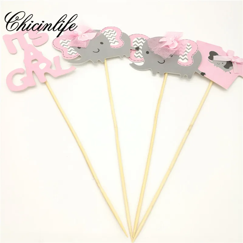 Chicinlife 4Pcs/Set It's a Girl/Boy Elephant baby Cake Topper happy Birthday Party Toppers shower Decorations supplies |