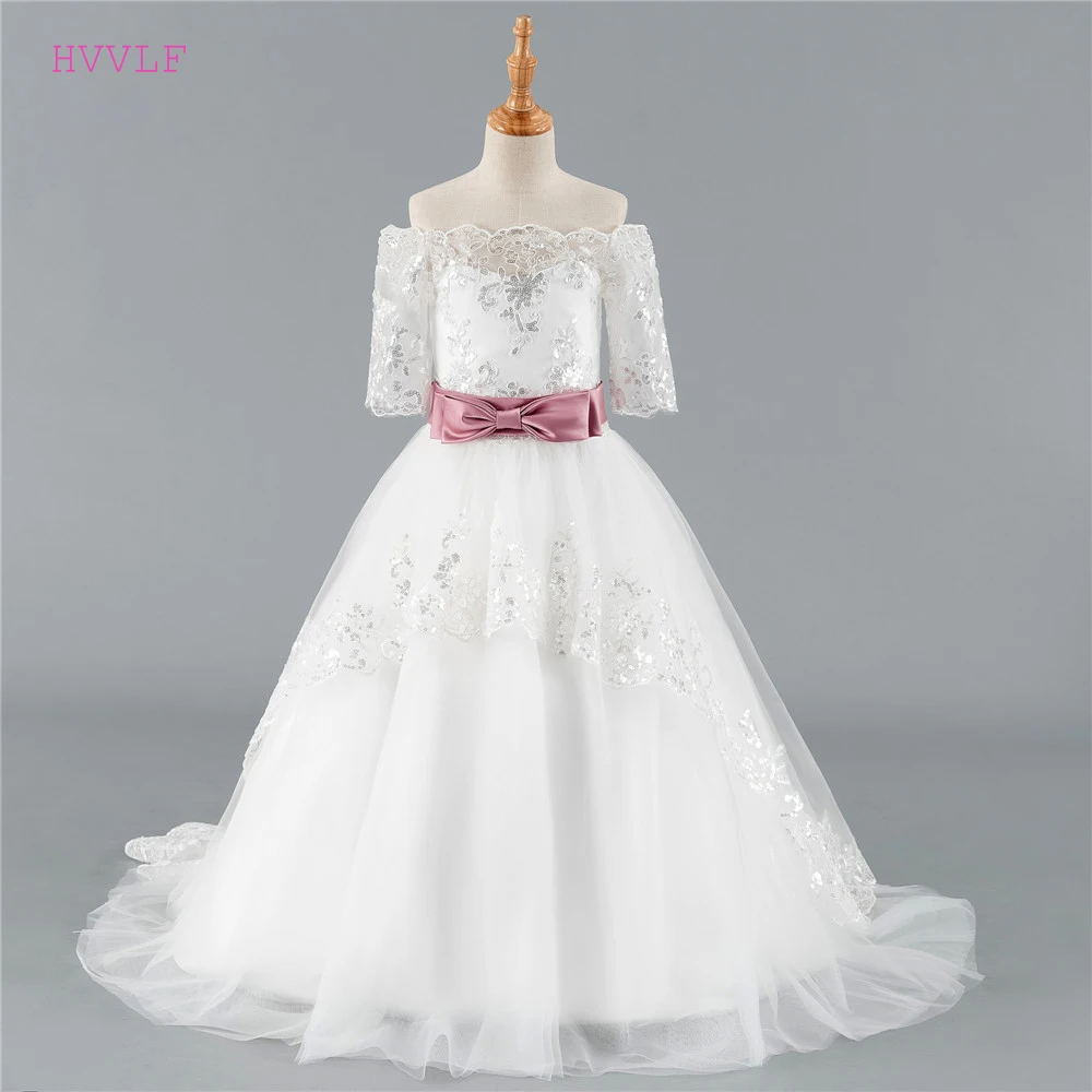 

Платье для девочки с цветочным принтом, длинное бальное, с рукавом до локтя, из тюля, с бантом, для первого причастия, для маленьких девочек