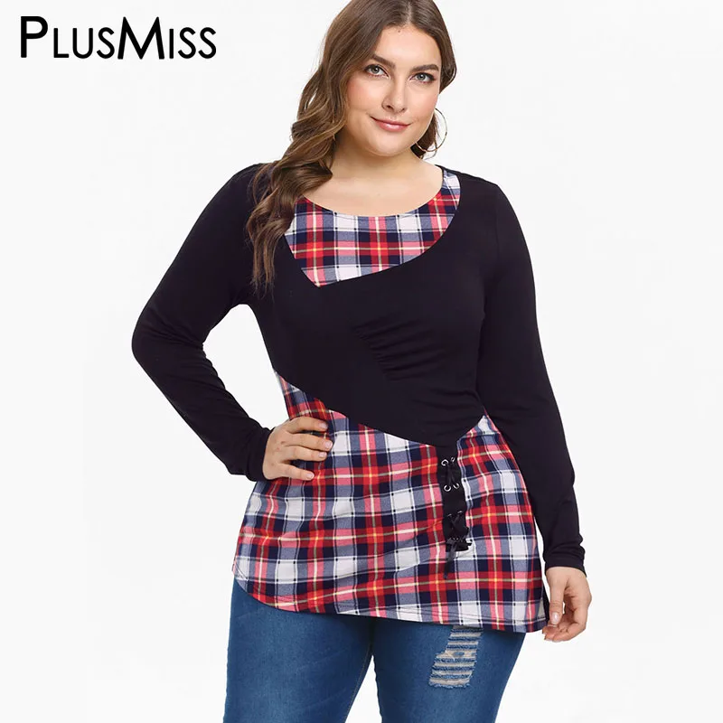 PlusMiss размера плюс 5XL Винтаж Ретро клетку Футболки XXXXL XXXL XXL женские большие