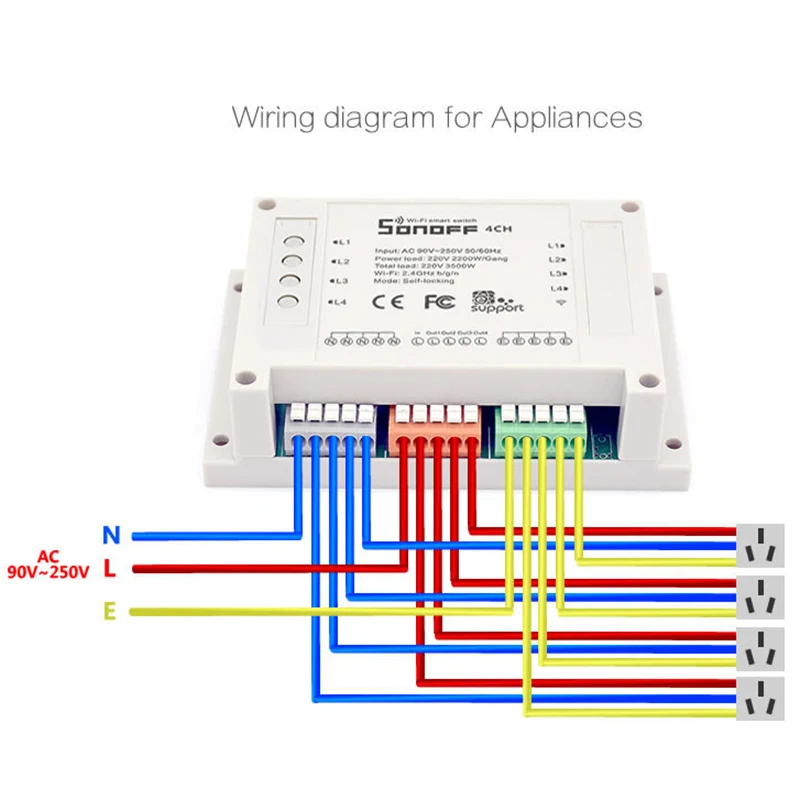 Sonoff 4CH R2 ITEAD WiFi Smart Switch 4 канала монтажа на din-рейку ewelink работа с Alexa iftt Google домашней автоматизации