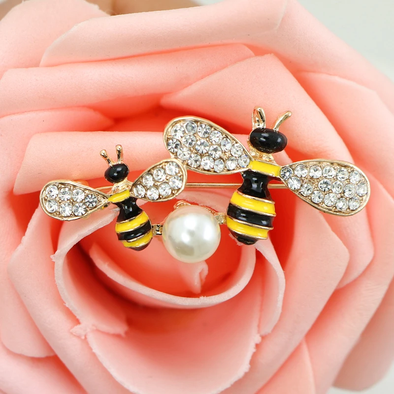 OneckOha Enameled Black Yellow Double Bee Brooch Pin Rhinestone Simulated Pearl Animal New Year Birthday Gift | Украшения и