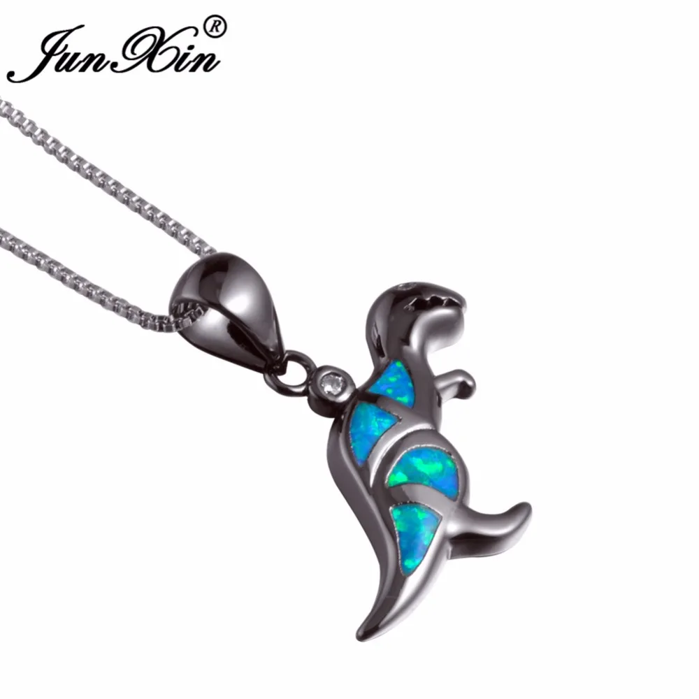 

JUNXIN Unique Dinosaur Design Female White/Blue Fire Opal Necklace & Pendant Black Gold Filled Animal Jewelry Fashion Necklaces