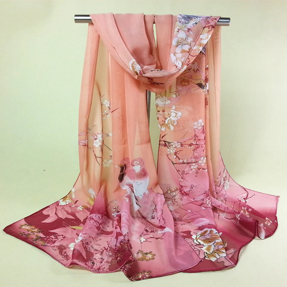 Вентилируемая шифоновая шаль цветочный рисунок птиц полиэстер шелковый шарф