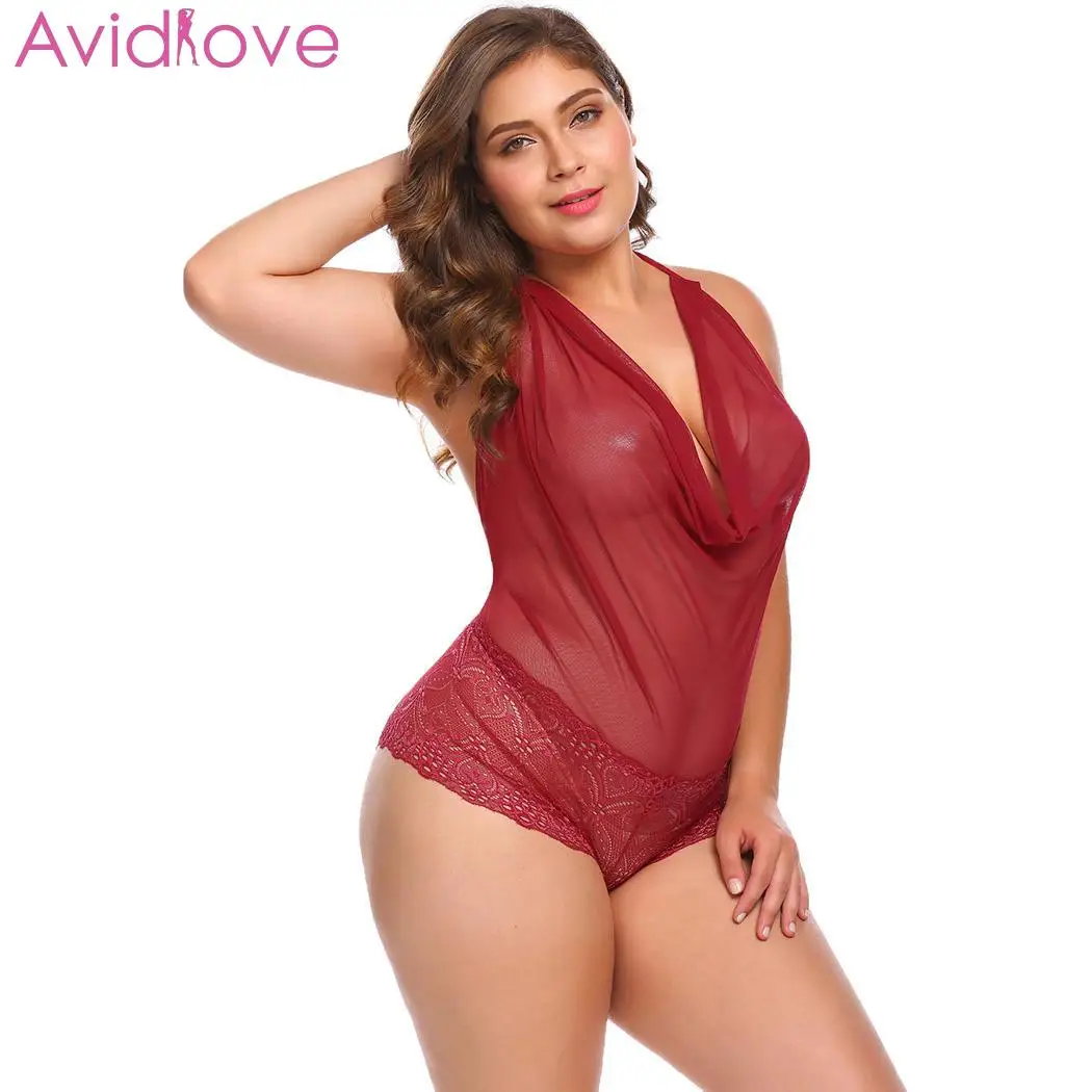 Avidlove Women Plus Size Bodystocking Sexy Costumes Bodysuit Night Mesh Transparent Halter | Тематическая одежда и