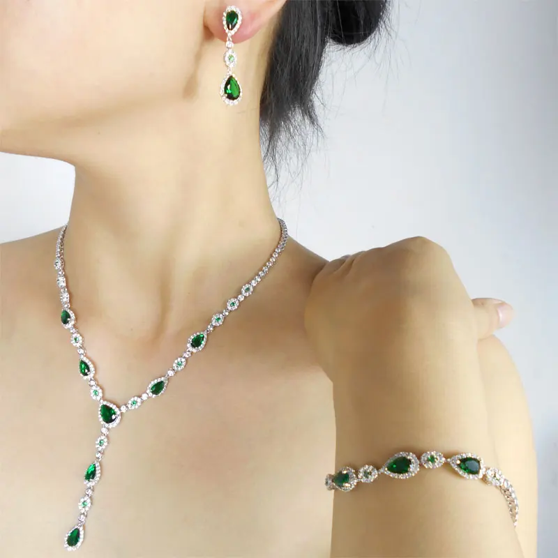 CZ бриллианты вымощенные капли изумрудно зеленые Свадебные Ювелирные наборы