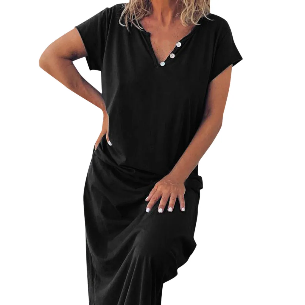 JAYCOSIN New Fashion Loose Solid Color Dress Women Summer Short Sleeve Party Sundress Button ropa dropship 516 | Женская одежда