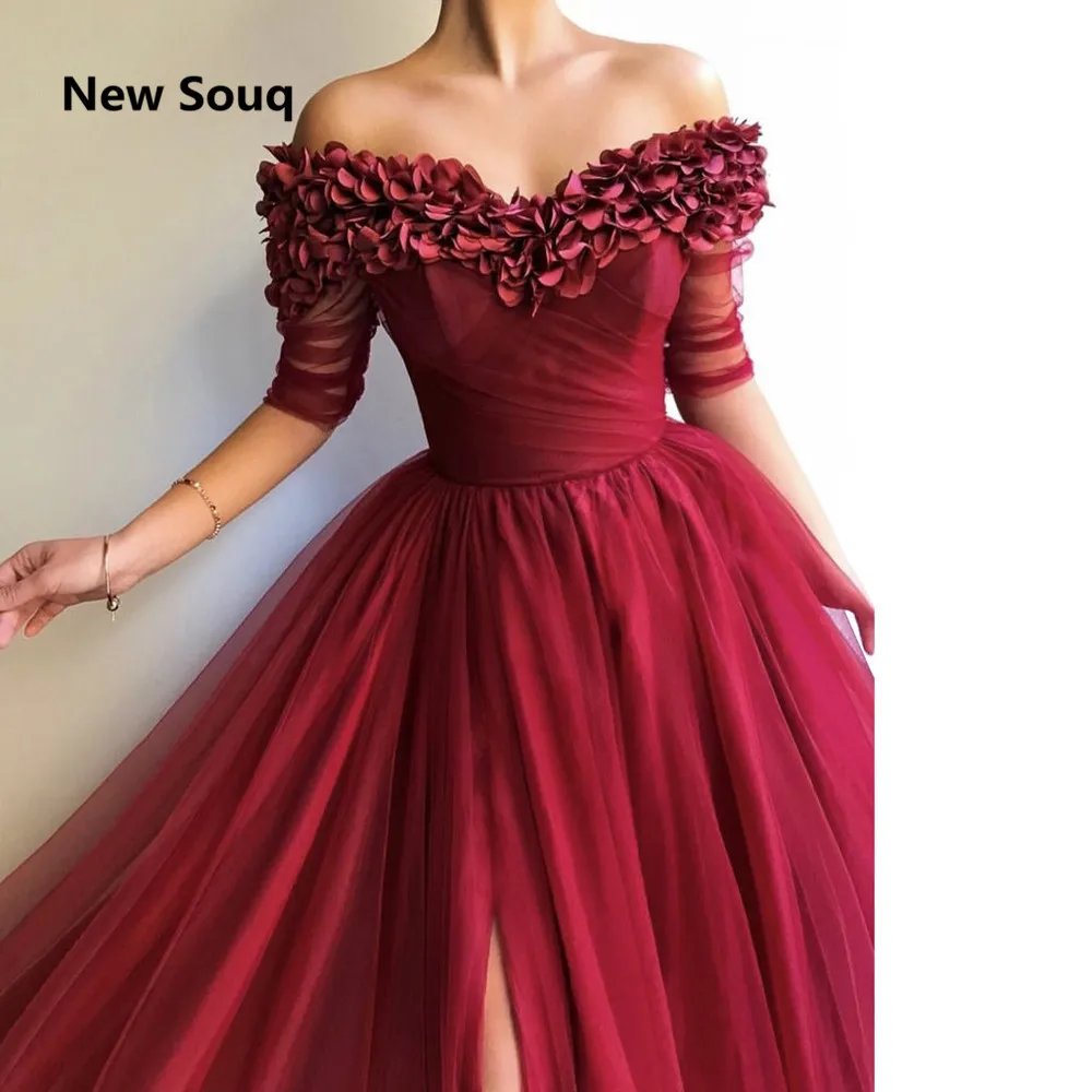 Burgundy Tulle 3D Applique Evening Dresses Sexy Off The Shoulder Side Split Sweep Train Long Prom Dress Formal Gowns | Свадьбы и