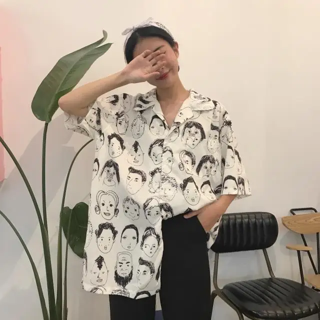Модные Персонажи печати Свободная блузка повседневное однобортный Modis Blusa 2019