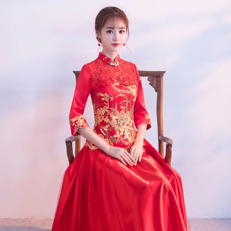 Традиционное китайское свадебное платье для невесты красное винтажное Ципао