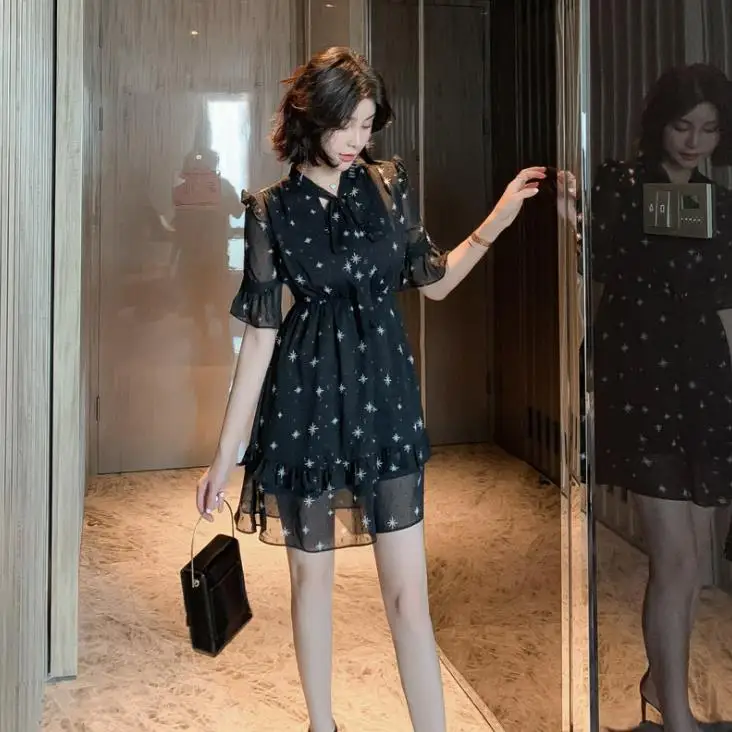 

Elegant Black Chiffon Short Dress Short Sleeve Star Print Short A-line Dress Party Vestidos