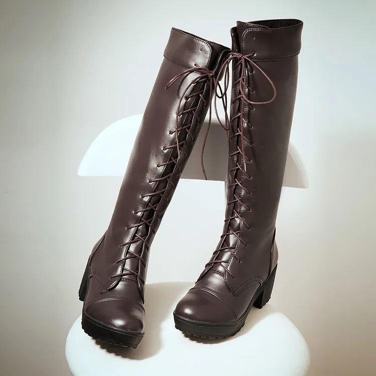 Knee High Boots Black White Chunky Winter Women Cosplay Long Over-the-Knee leather boots women Botas Mujer booties MAZIAO