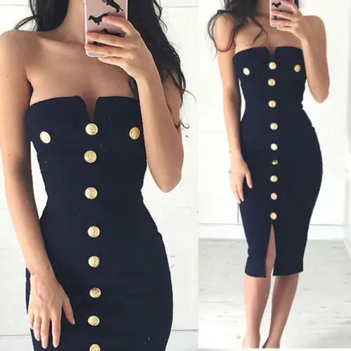 

Womens Hot Solid Bodycon Sleeveless V Neck Sexy Button Formal Party Midi Strapless Dress Evening