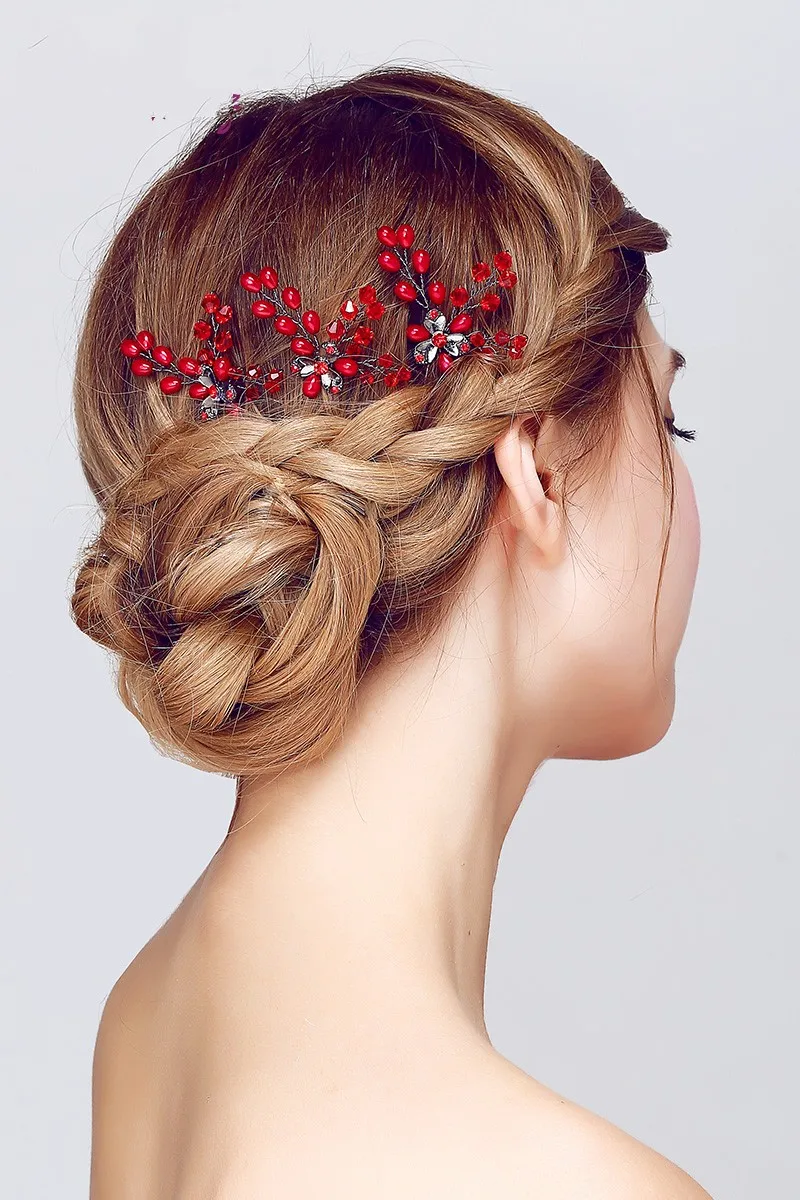 Dower me Red Crystal Hair Vine Wedding Pins Accessories Handmade Floral Bridal Headpiece Women Jewelry Clip | Украшения и