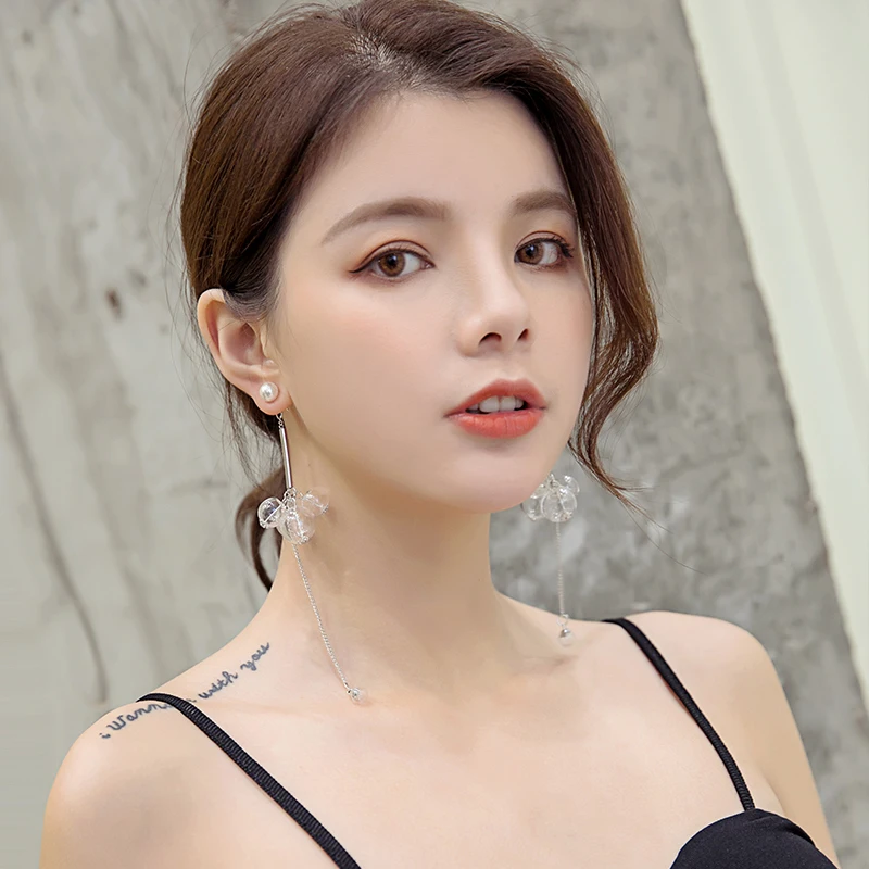 Стеклянные серьги из искусственного жемчуга женские длинные темперамент