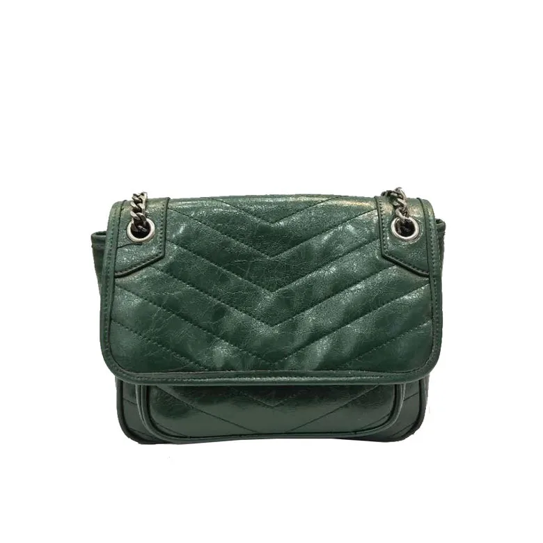 Dark green Настоящая коровья кожа с масляным воском, стеганые нити, цепь, лоскут, сумки, сумка-мессенджер, через плечо, женские винтажные сумки - Цвет: Dark green