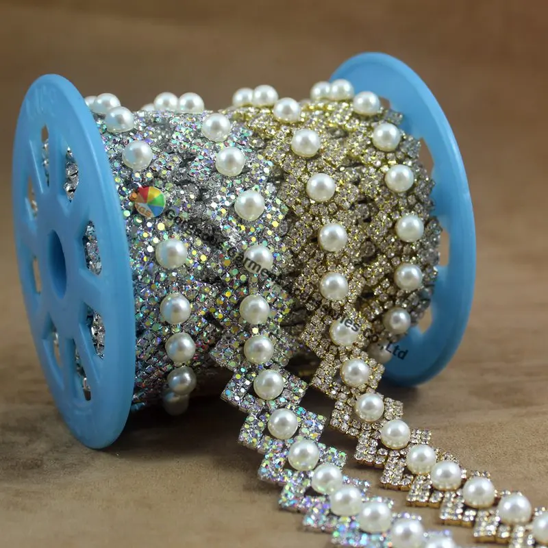 1 Yard 24mm Round Pearl Clear AB Crystal Czech rhinestone cup chain Silver Gold DIY Browband Furniture Wedding Dress Waistband | Дом и сад