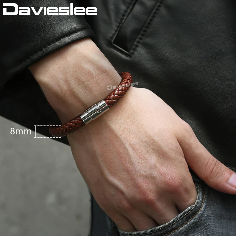 Браслеты Davieslee для мужчин плетеный шнур черного и коричневого цвета застежка из