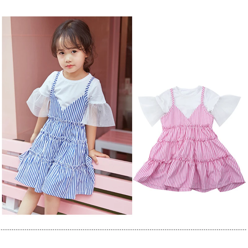 2017 летние новые дети хлопка с коротким рукавом футболки + полосатый dress из двух