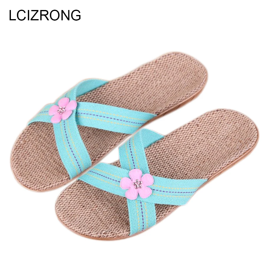 

LCIZRONG Autumn Appliques Flax Home Slippers Women Fashion Boho Beach Slapping Shoes Woman Sweet Gril Non-slip Indoor Slippers