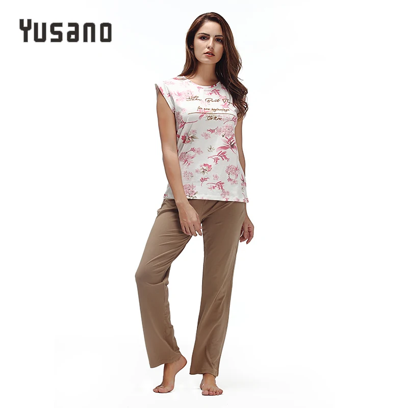 Yusano Cotton Pajamas Women Floral O neck Sleepwear for Girl Sleeveless Top & Long Pants Soft Pijama Feminino Inverno 2017|cotton pajamas|cotton