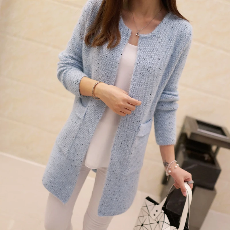 2016 long in coats knit cardigan sweater show thin pocket female collar |