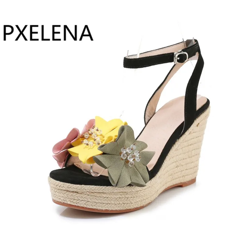 Летние модные цветочные сандалии PXELENA 2019 женские туфли из натуральной овечьей