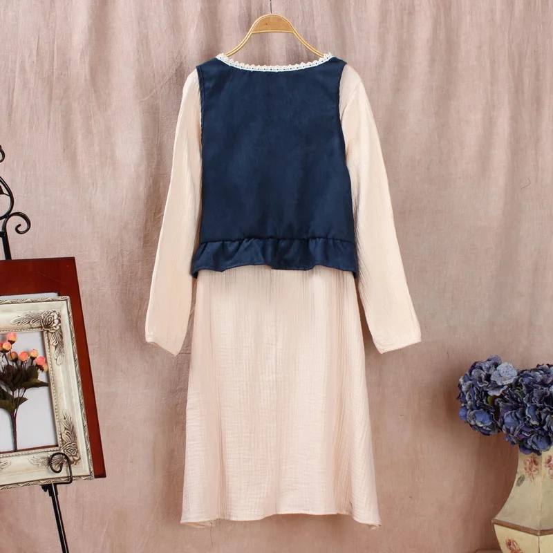 Lolita Mori Girl Fake Two Pieces Autumn Dress Long Sleeve Knee Length Women Vest Robe Femme Vestido Falda Round Collar Y03520 | Женская