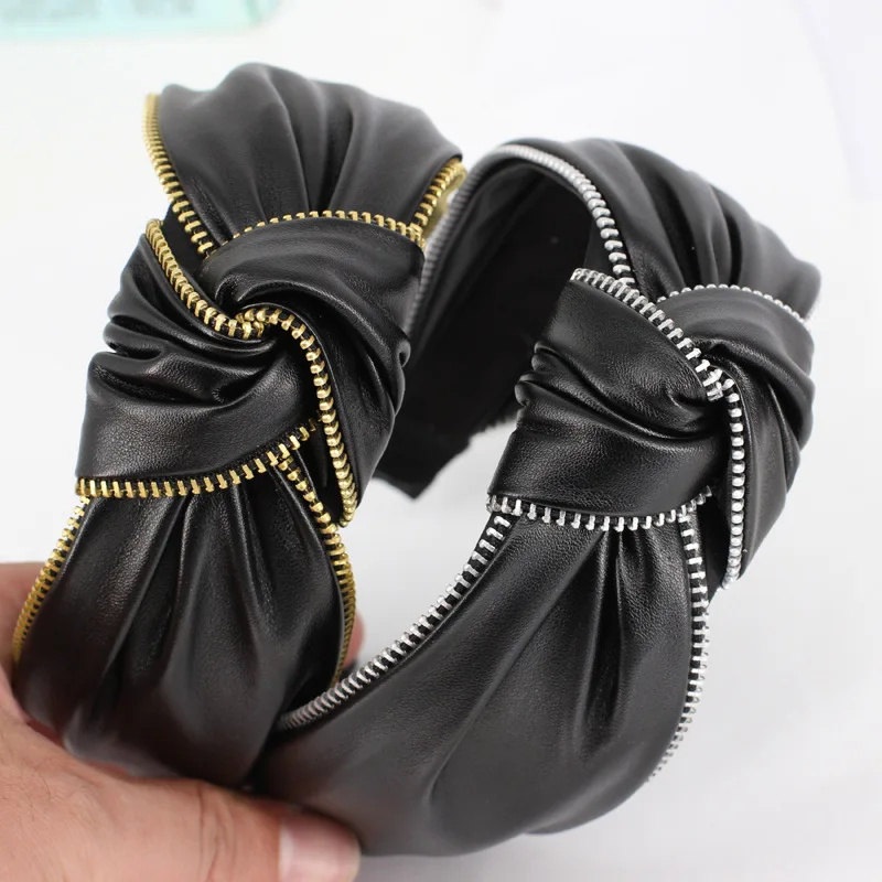 Ободок Haimeikang женский с узлом модный обруч из черной кожи на молнии аксессуар для