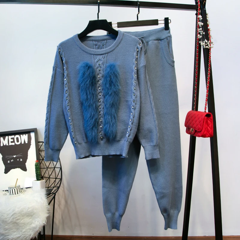 ALPHALMODA роскошный женский комплект из натурального Лисьего меха с шипами, свитер с длинными рукавами+ штаны, комплект из двух предметов, Женский стильный комплект одежды