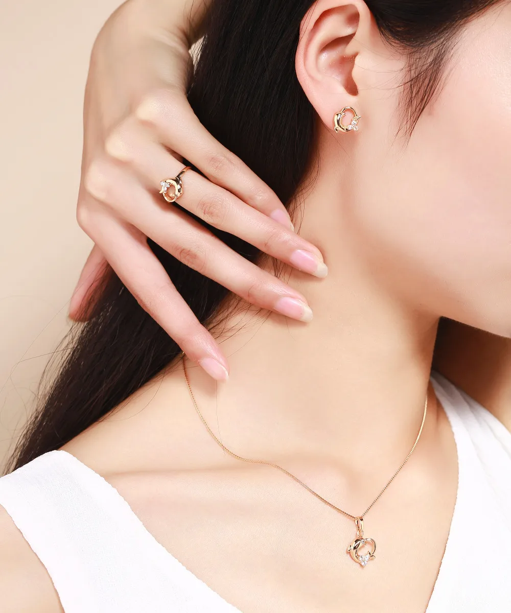 Children Girls Baby Kids Jewelry Sets Yellow Gold Color Dolphin Heart Charm Pendant Necklace Stud Earrings Ring Festa Jewellery|jewelry sets|kids