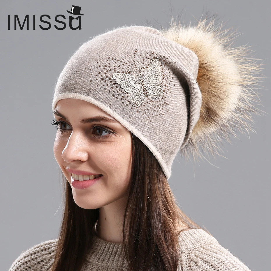 

IMISSU Women's Hats for Winter Knitted Wool Beanie Casual Hat with Real Raccoon Fur Pom Pom Solid Colors Ski Gorros Mask Cap