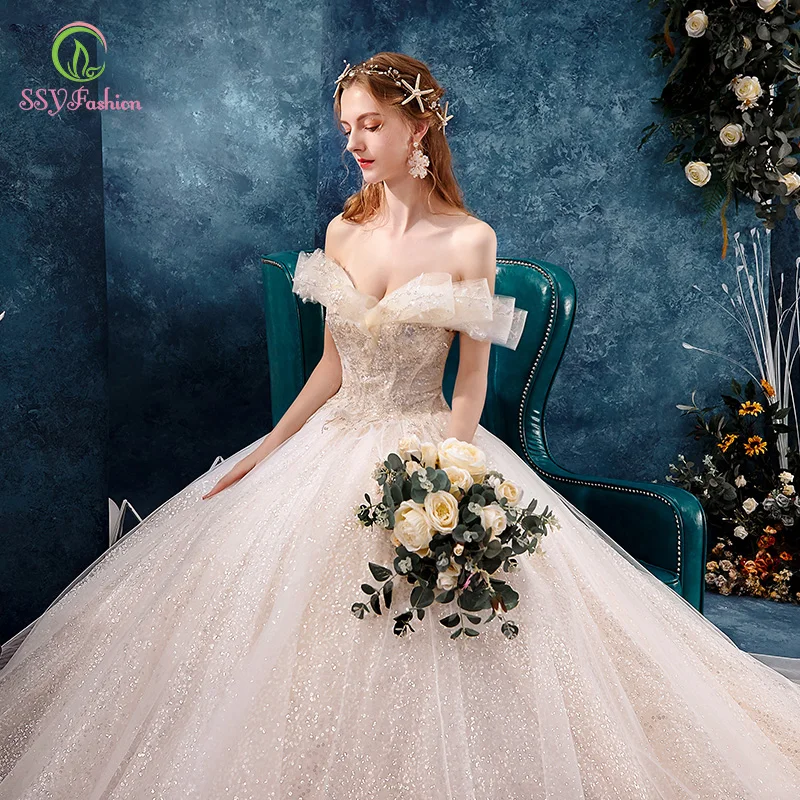 

SSYFashion New Wedding Dress Bride Romantic Luxury Champagned Boat Neck Lace Appliques Long Wedding Gowns Vestido De Novia
