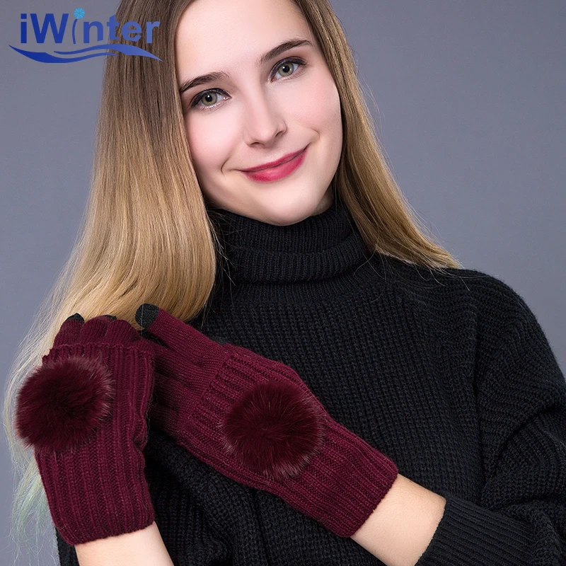 Iwinter, Новая мода Зимние перчатки для женщин Повседневное Сенсорный экран теплые зимние вязаные Обувь для девочек Прихватки для мангала Лоскутные варежки Прихватки для мангала
